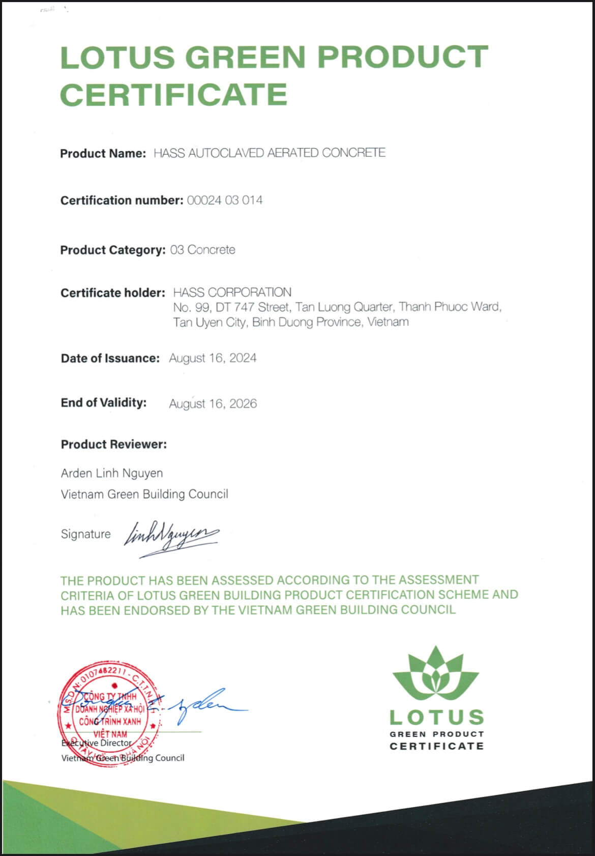Chứng nhận sản phẩm LOTUS xanh của HASS cho AAC và tấm ALC